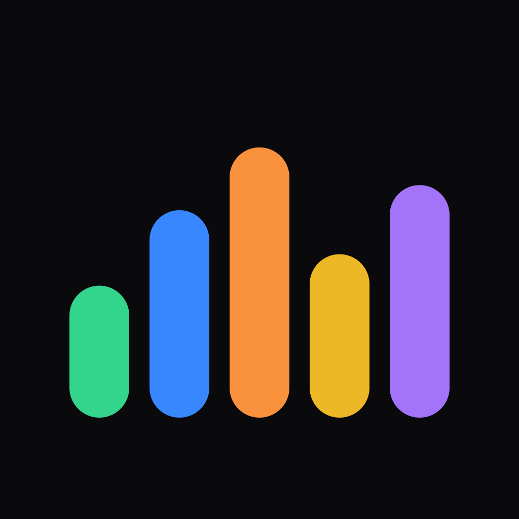 Current Streakia app icon with five rounded colored bars on a near-black field.